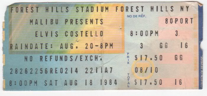 Billet pour le spectacle d'août '84 d'Elvis Costello
