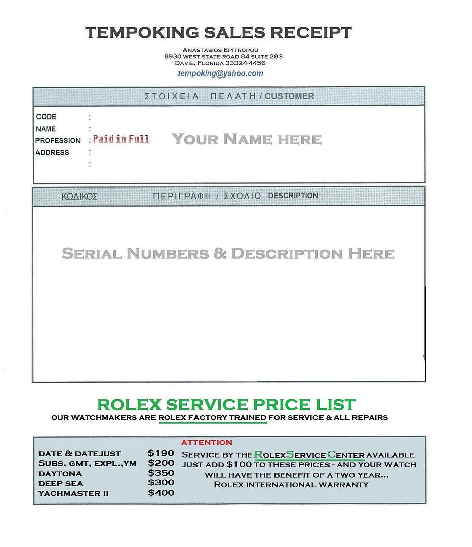 rolex service price list