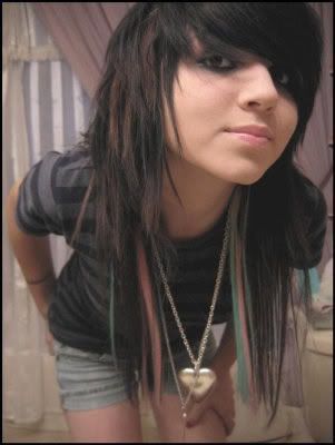 Hair: Black with brown in it. Green and Pink streaks at ends {Look at pic}