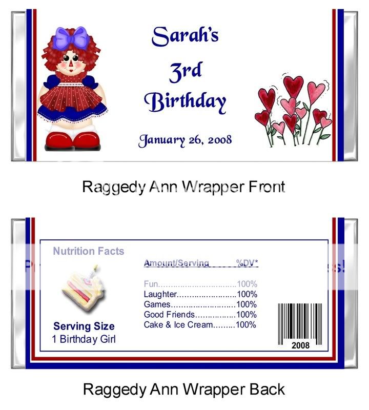 RAGGEDY ANN Birthday Party Candy Bar Wrappers CUTE  